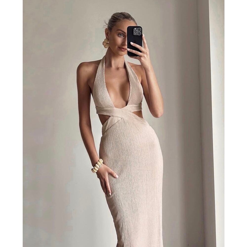 Rumer Willow Plunge Cream Gold Backless Vacation Australia Maxi Dress $329